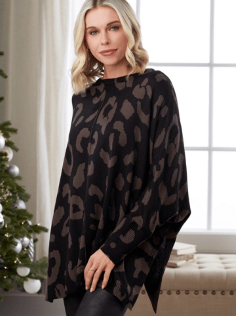 Mud Pie Leopard Print Poncho Sweater - Black & Brown
